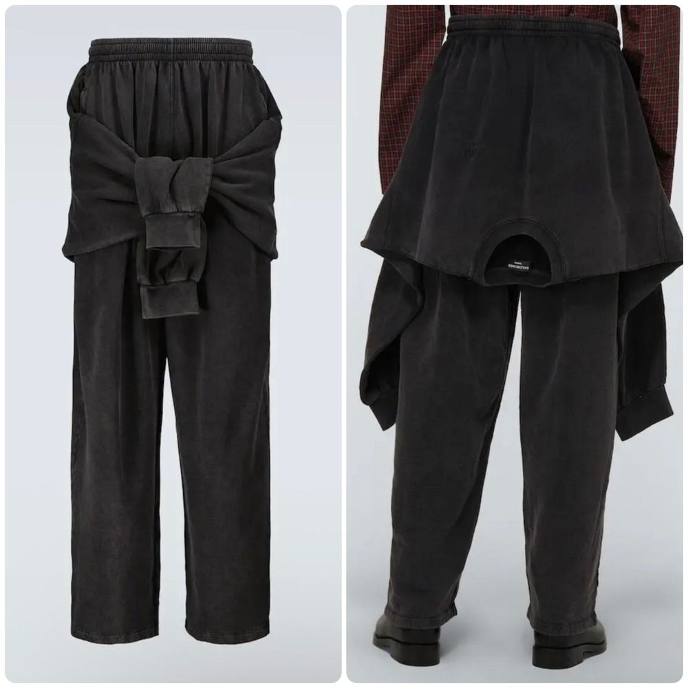 Balenciaga Unisex Faded Black Distressed Layered Tied-Up Sweatpants Size L